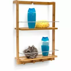 Relaxdays Bamboo Shower Caddy Shelf Organiser With 2Â Shelves Shower Rack With Moisture-Resistant Wood For Kitchen And Bathroom Bathroom Shelf Or Spice Rack With 4Â Hand Towel Hook, Natural