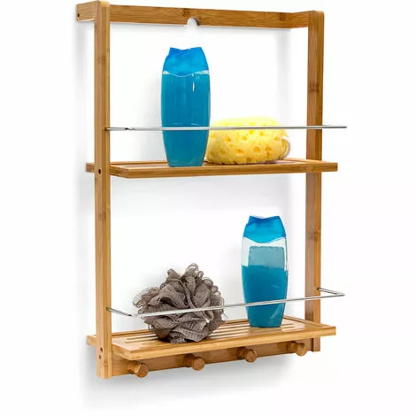 Relaxdays Bamboo Shower Caddy Shelf Organiser With 2 Shelves Shower Rack With Moisture-Resistant Wood For Kitchen And Bathroom Bathroom Shelf Or Spice Rack With 4 Hand Towel Hook, Natural