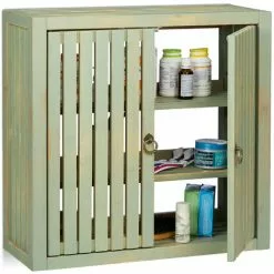 Relaxdays Wall Cabinet Vintage, Bamboo, 2 Doors, Magnet Latch, 2 Shelves, Bathroom & Kitchen, HWD 50 X 52 X 20 Cm, Green