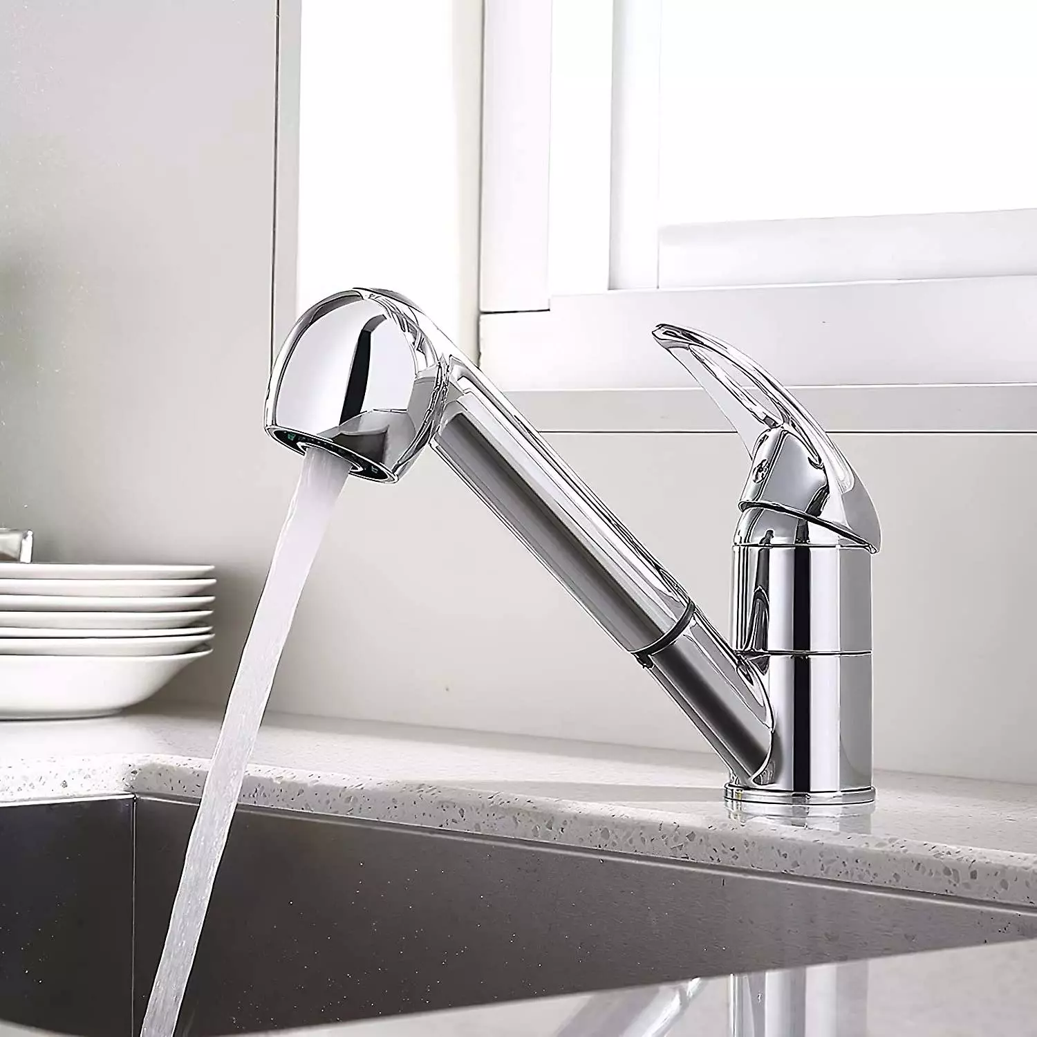 Linkrunning Kitchen Faucet Pull-out Spray, Single Lever 360 Swivel Kitchen Faucet Kitchen Faucet 2 Jet Modes Suitable For Hot And Cold Water, Chromed Brass.