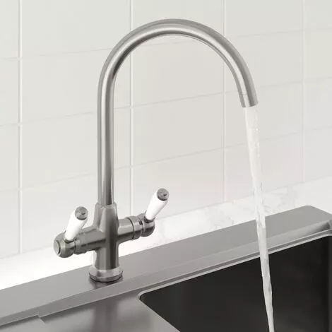 Sauber Traditional Mono Kitchen Sink Mixer Tap Twin Ceramic Lever Brushed Metal Faucet - Image 2