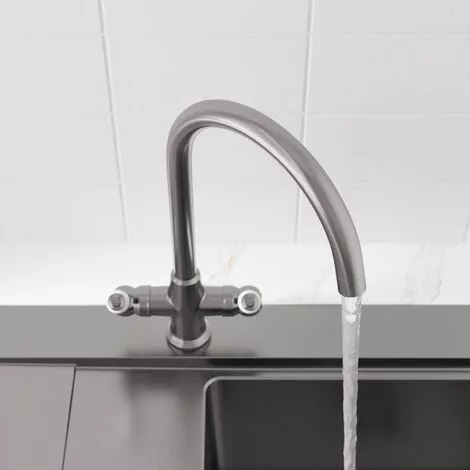 Sauber Traditional Mono Kitchen Sink Mixer Tap Twin Ceramic Lever Brushed Metal Faucet - Image 3