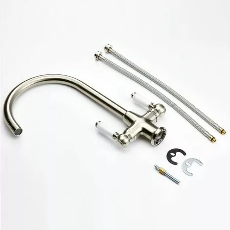 Sauber Traditional Mono Kitchen Sink Mixer Tap Twin Ceramic Lever Brushed Metal Faucet - Image 4