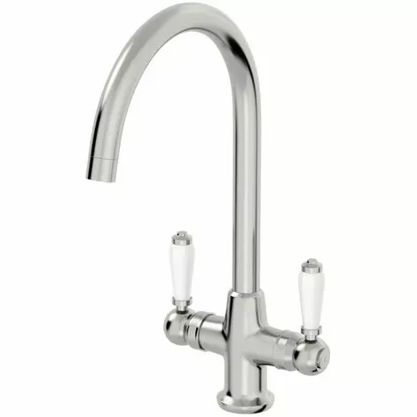 Sauber Traditional Mono Kitchen Sink Mixer Tap Twin Ceramic Lever Brushed Metal Faucet - Image 5