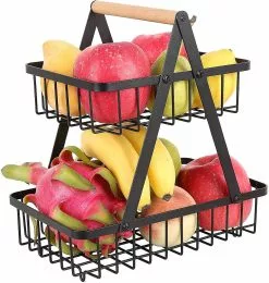 Wonderful Xceedez Tier Metal Fruit Basket, Detachable Fruit Basket Fruit Holder, Decorative Fruit Rack, Fruit Stand For Kitchen, Fruit Bowl Rack With Wooden Han