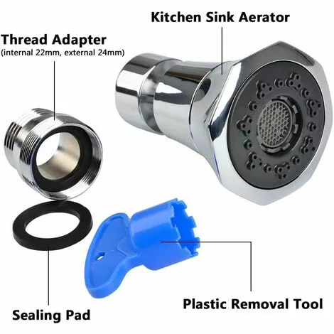 LangRay Dual Function 2-flow Kitchen Sink Aerator 360 ° Rotating Swivel Tap Water Saving Faucet With 22mm Adapter Female Thread, Plastic Extraction Tool - Image 2