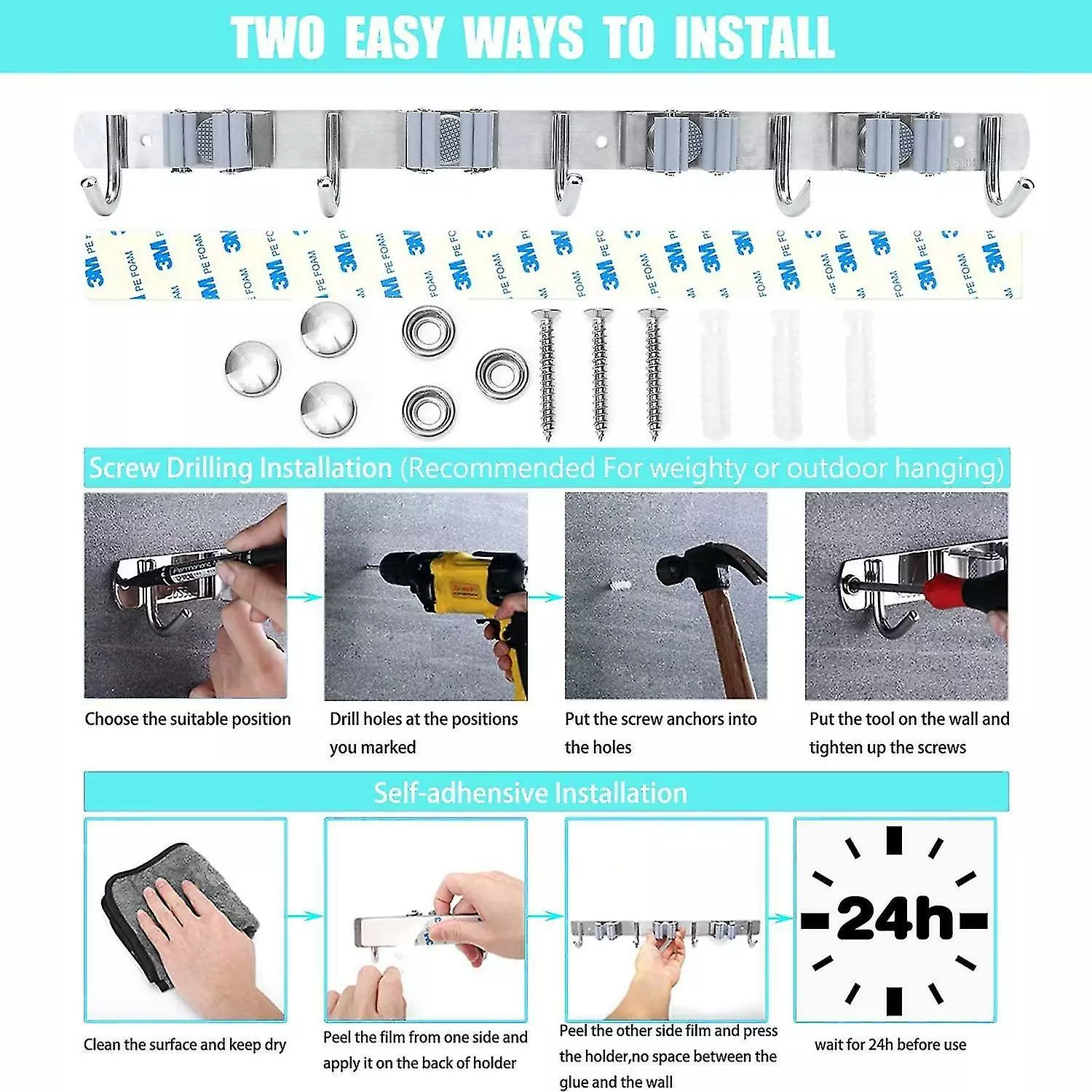 Unbranded Wall Broom - Stainless Steel Broom Holder, Storage Hanger Holder For Kitchen, Garage, Laundry Room (4 Locations And 5 Hooks) - Image 3