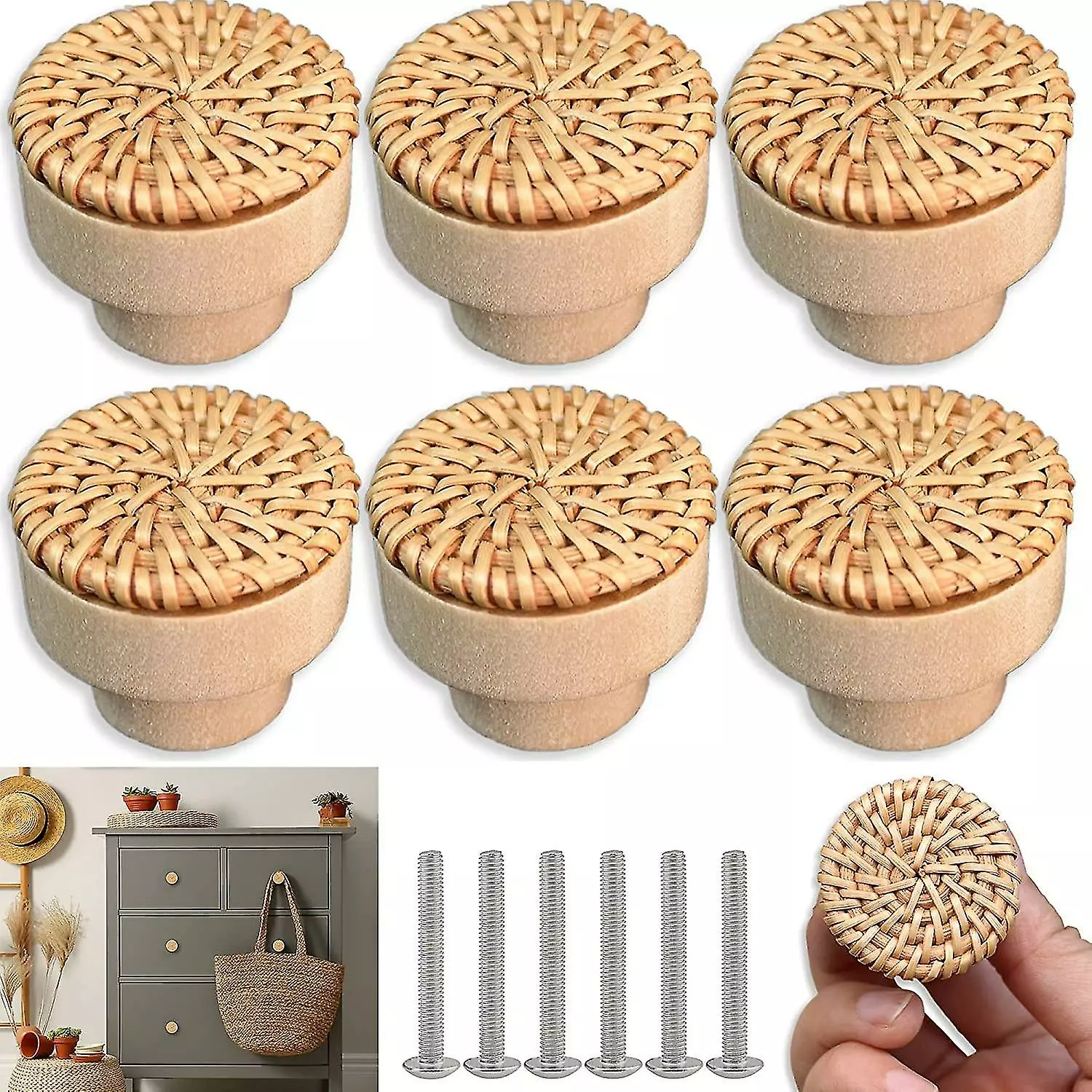 Unbranded Set Of 6 Rattan Furniture Knobs Bohemian Style Kitchen Cabinet Knobs Shibaod