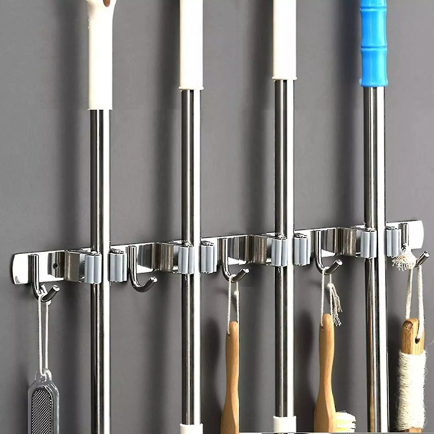Unbranded Wall Broom - Stainless Steel Broom Holder, Storage Hanger Holder For Kitchen, Garage, Laundry Room (4 Locations And 5 Hooks)