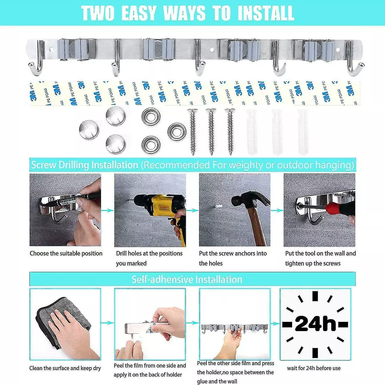 Unbranded Wall Broom - Stainless Steel Broom Holder, Storage Hanger Holder For Kitchen, Garage, Laundry Room (4 Locations And 5 Hooks) - Image 3