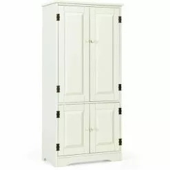 COSTWAY Wood Storage Cabinet, Adjustable Shelves Antique 4-Door Organizer Unit Chest, Large Kitchen Cupboard Tall Floor Sideboard Living Room Entryway Hallway Corner Bedroom, 59 X 32 X 123cm (Cream)