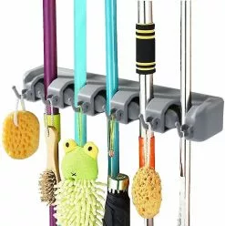 Jscxcf Bother Holder, Broom Mop Holder With 6 Hooks And 5 Quick Tensioners, Order Strip Wall Holder For Kitchen
