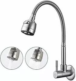 Maxcpu Wall-mounted Kitchen Faucet 360 Rotatable With Functions Kitchen Sink Mixer Tap Cold Water Single Cooling Wall-mounted Faucet On Brushed Surface Spri