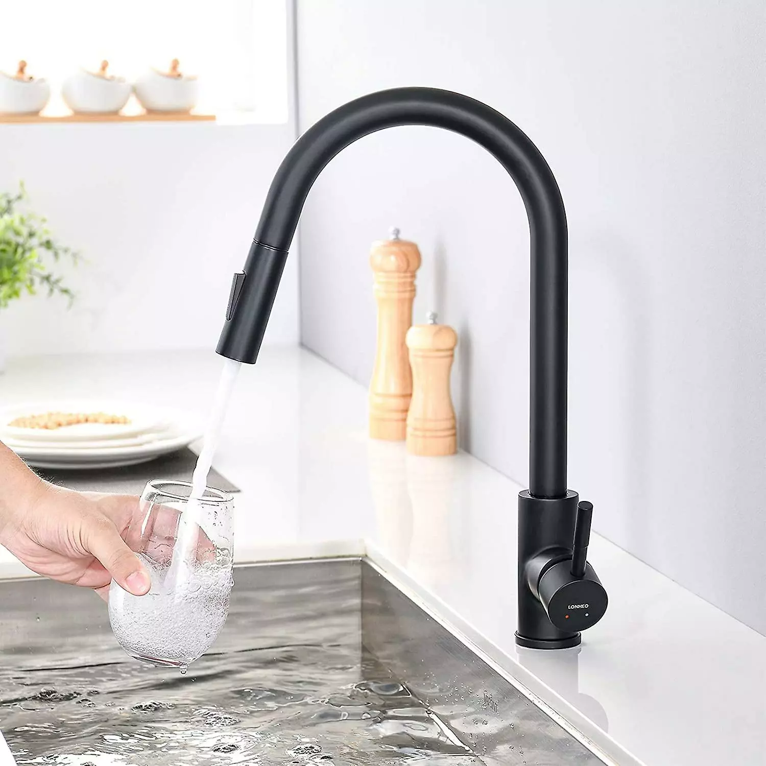 H'ana Shiyi Black Stainless Steel Double Jet Kitchen Mixer 360 Swivel Kitchen Mixer High Pressure Single Lever Kitchen Mixer - Image 2