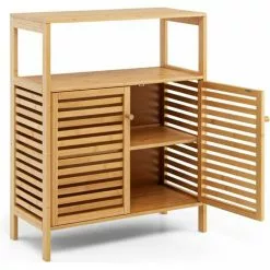 COSTWAY Bathroom Floor Cabinet, Bamboo Freestanding Storage Cupboard With Double Louvered Doors And Open Shelf, Side Cabinet Display Organiser Unit For Living Room Kitchen Hallway