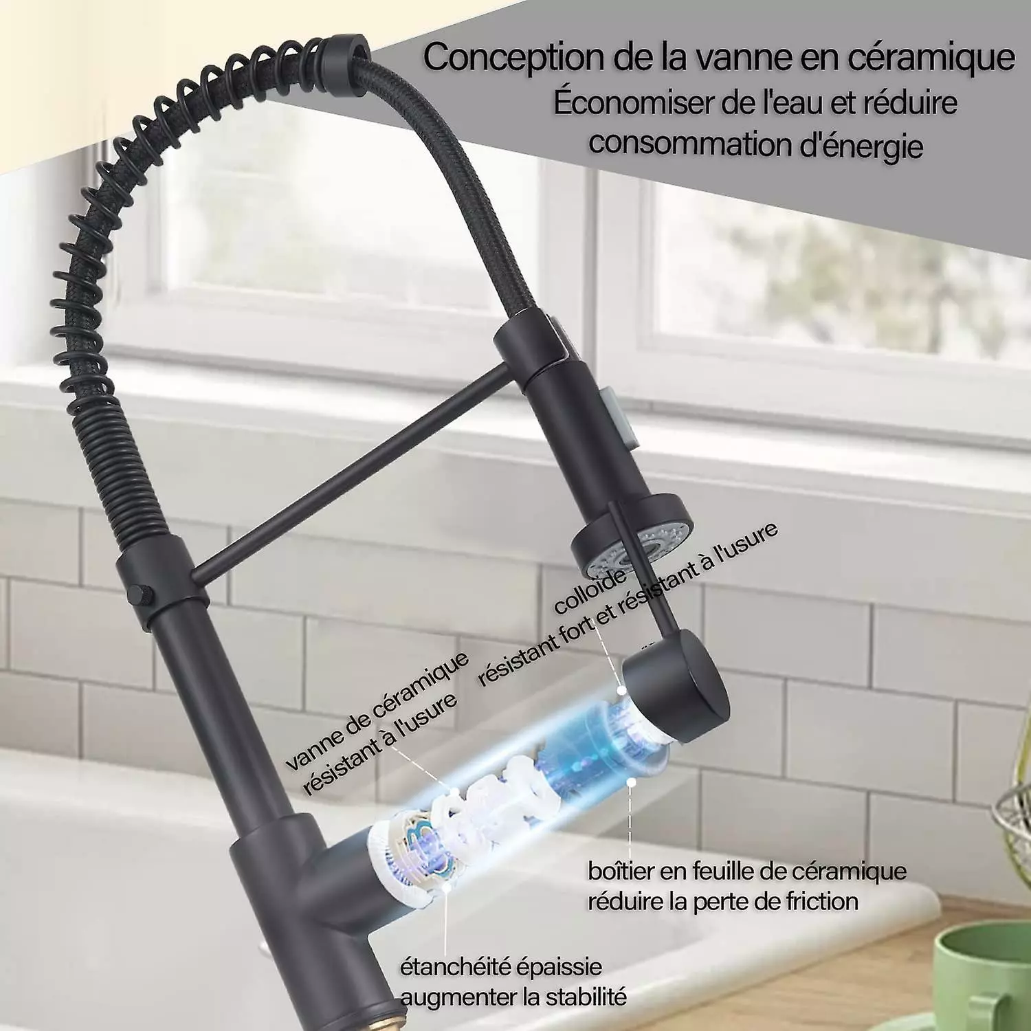 H'ana Black Kitchen Faucet 360 Swivel Single Handle Kitchen Sink Faucet High Arc Pull Down Sprayer 2 Spray Patterns 1pc - Image 4