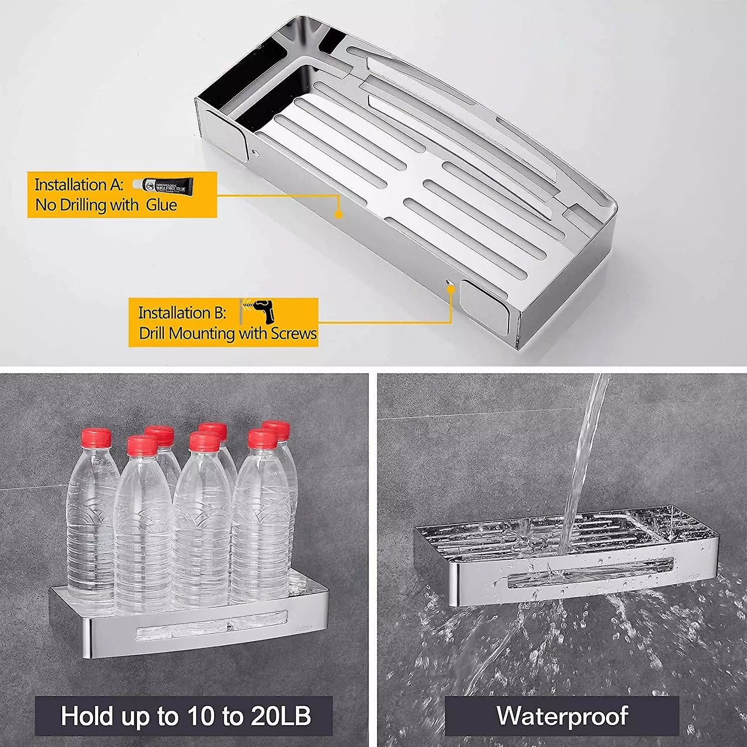 Shlyl Bathroom Shelf Shower Shelf Stainless Steel Shower Shelf Shower Storage Organizer No Screws No Drilling No Mess Wall Mounted Bathroom Kitchen Shelves - Image 3