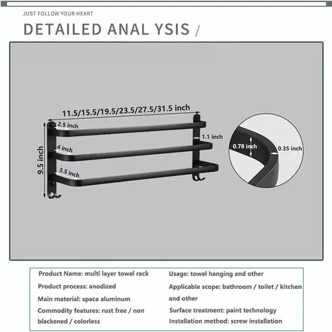 MEZHENG Aluminum Wall Mounted Towel Rail - 3 Layers - 60cm - Waterproof - Black - Suitable For Bathroom Kitchen Washroom - Image 3