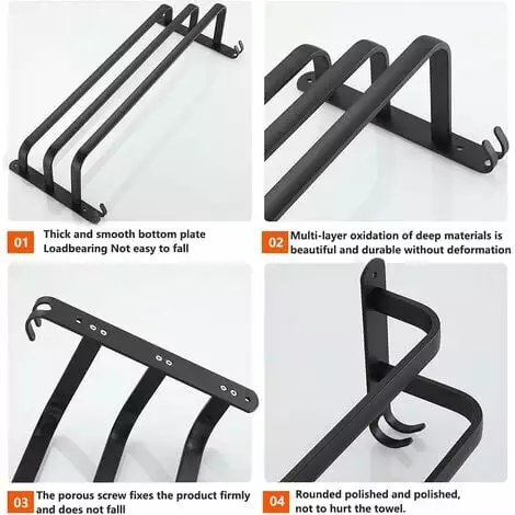 MEZHENG Aluminum Wall Mounted Towel Rail - 3 Layers - 60cm - Waterproof - Black - Suitable For Bathroom Kitchen Washroom - Image 4
