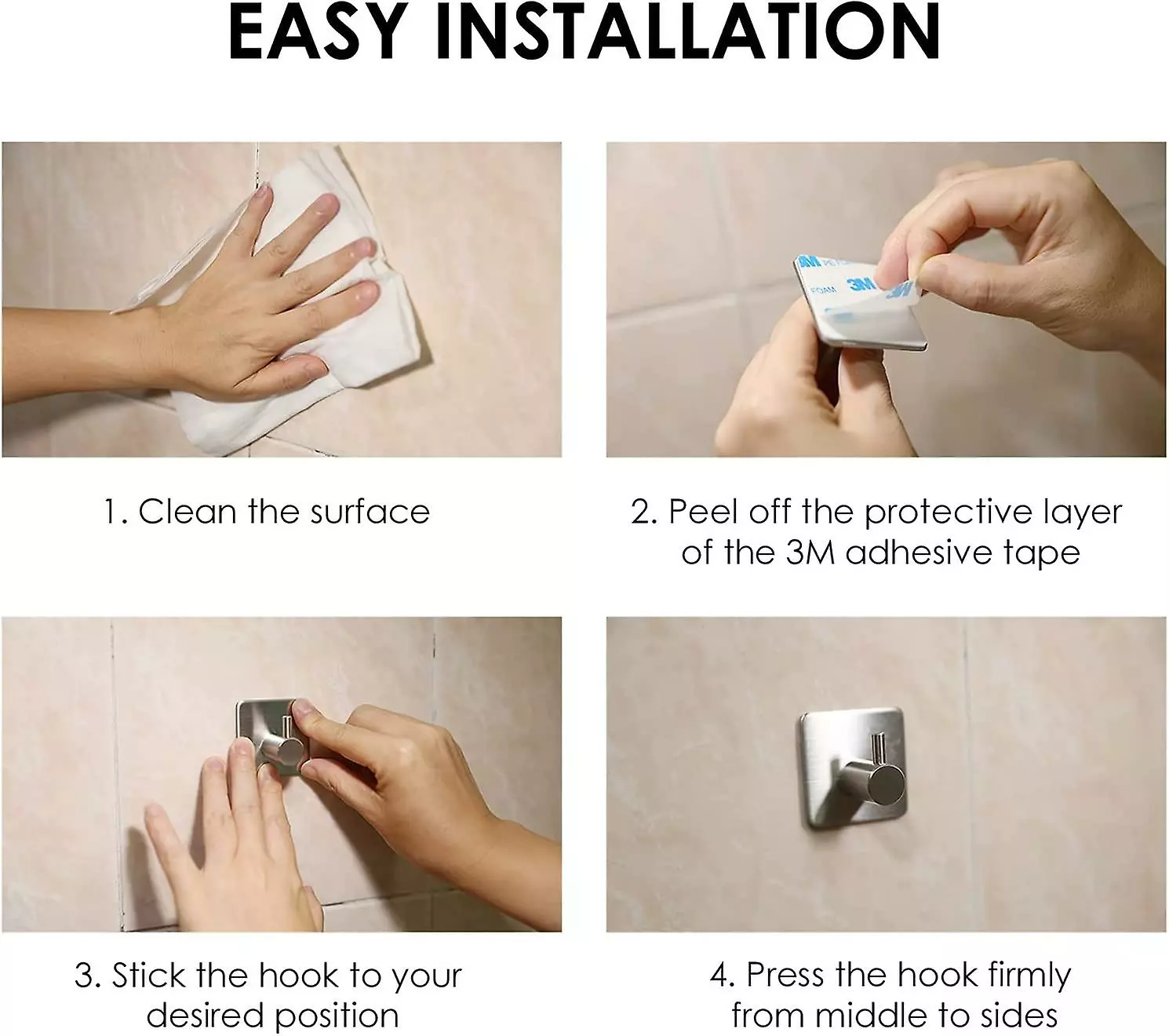 LetsGO 5 Pieces 3m Adhesive Hook, Stainless Steel Bathroom Wall Hook, Waterproof And Oil-proof Self-adhesive Towel Holder For Kitchen, Living Room And Office - Image 4