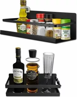 LetsGO 2 Pack Kitchen Shelves With Smooth Rounded Corners, Single Row Design, 4 Plastic Hooks, Perfect Space Saving, Black Steel, With 4 Plastic Hooks