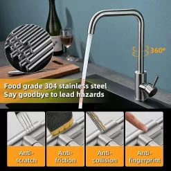 LetsGO Kitchen Faucet, 360 Rotatable Single Handle Kitchen Faucet, Single Handle Kitchen Faucet, Stainless Steel, Faucet With Pex Hose, Can Adjust Cold And H