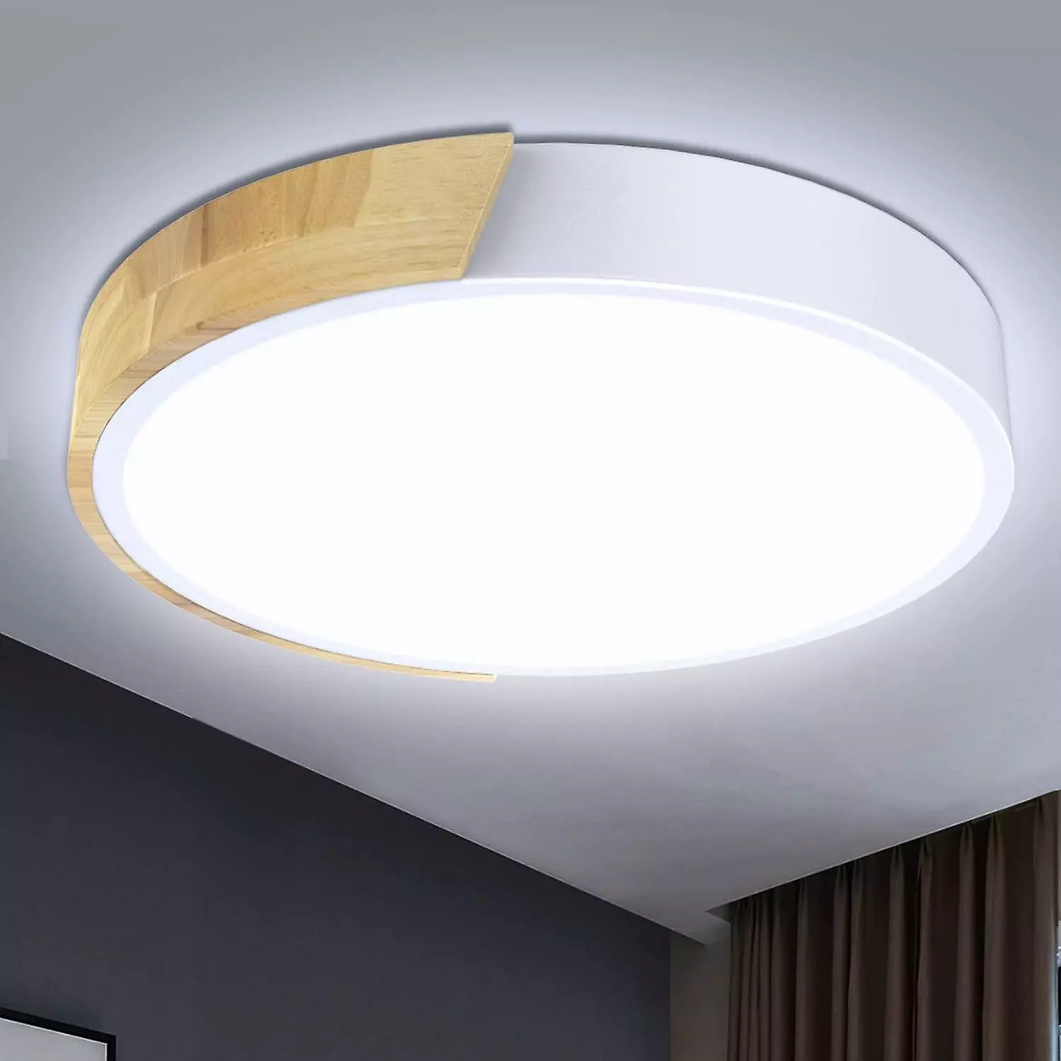 LetsGO Led Ceiling Light 24w, Cool White 6000k Led Ceiling Lamp 2400lm, Indoor Light Fixtures Led Ceiling Light Iron And Oak, White Ceiling Light For Kitchen