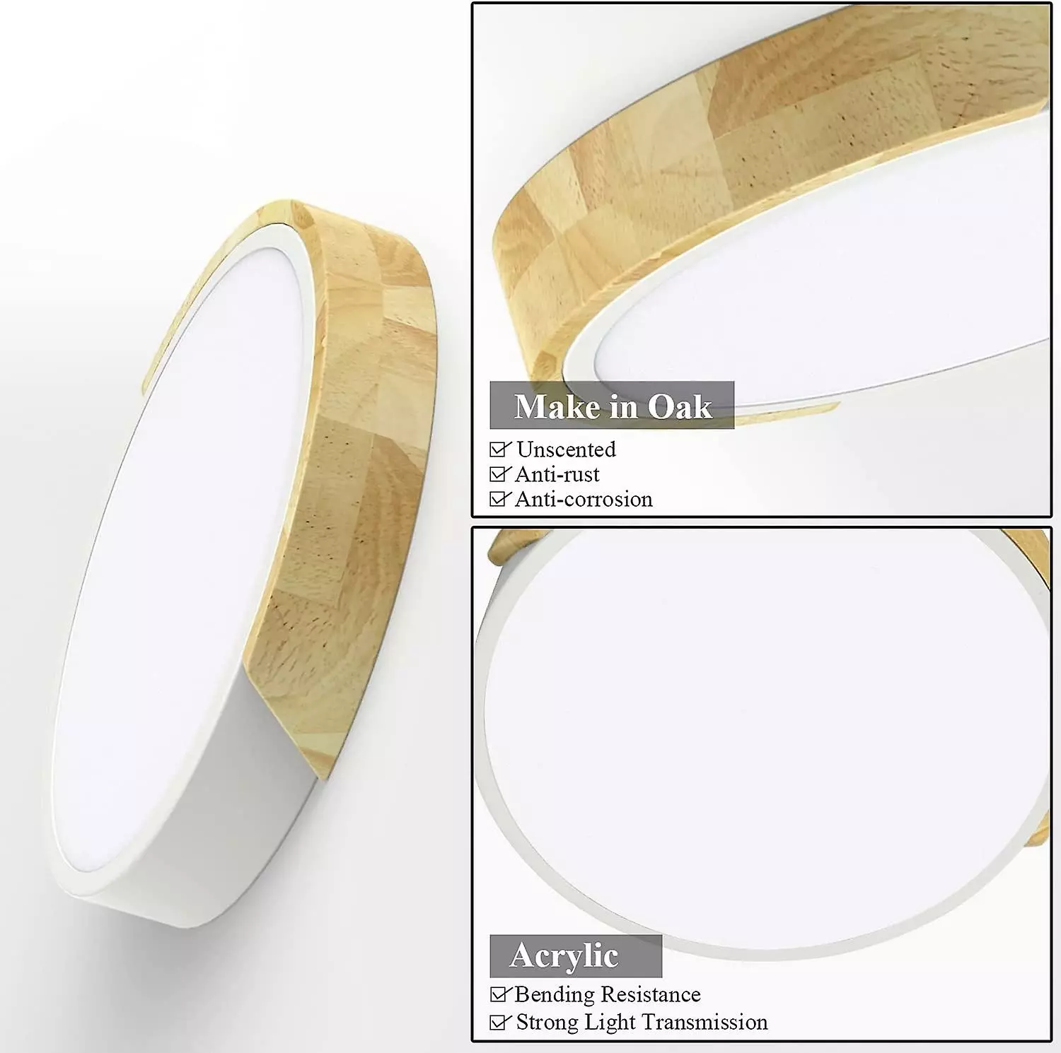 LetsGO Led Ceiling Light 24w, Cool White 6000k Led Ceiling Lamp 2400lm, Indoor Light Fixtures Led Ceiling Light Iron And Oak, White Ceiling Light For Kitchen - Image 2