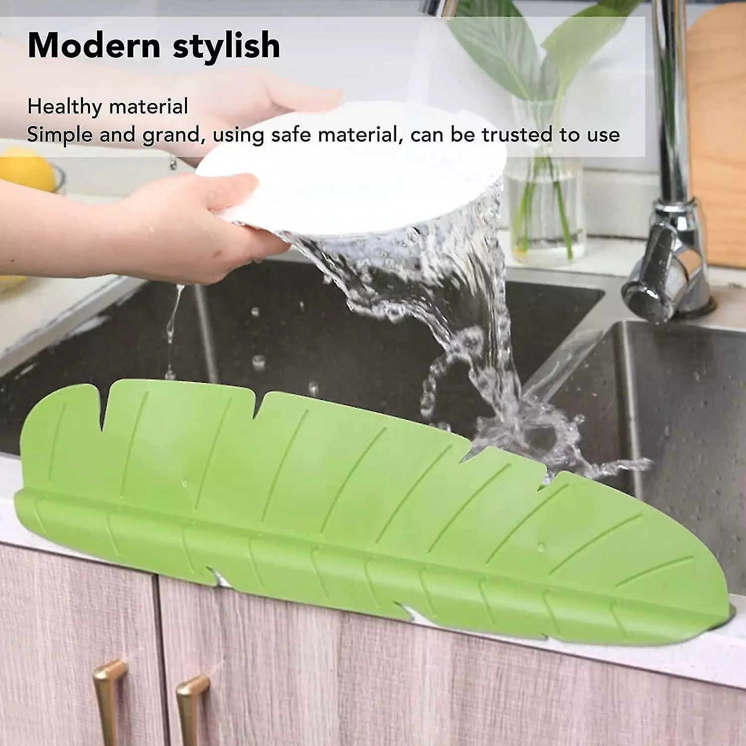 Nw 1776 Kitchen Sink Splash Guard, Sink Water Splash Guard Elastic Reusable Banana Leaf Water Sink Splashing Guard,49*6*11 - Image 2
