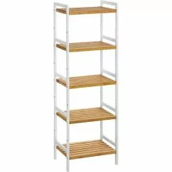 SONGMICS Bamboo Shelf, Kitchen Shelf, Bathroom Shelf, Bookshelf, Stand Shelf With 5 Shelves 45 X 31.5 X 142 Cm, Ideal For Bathroom, Kitchen, Living Room, Bedroom, Balcony, Natural White BCB75WN