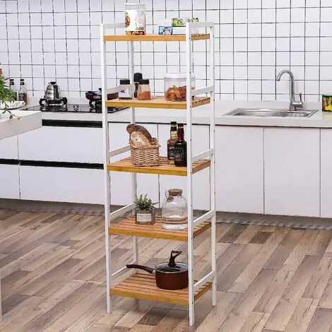 SONGMICS Bamboo Shelf, Kitchen Shelf, Bathroom Shelf, Bookshelf, Stand Shelf With 5 Shelves 45 X 31.5 X 142 Cm, Ideal For Bathroom, Kitchen, Living Room, Bedroom, Balcony, Natural White BCB75WN - Image 2