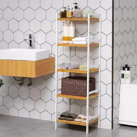 SONGMICS Bamboo Shelf, Kitchen Shelf, Bathroom Shelf, Bookshelf, Stand Shelf With 5 Shelves 45 X 31.5 X 142 Cm, Ideal For Bathroom, Kitchen, Living Room, Bedroom, Balcony, Natural White BCB75WN - Image 3