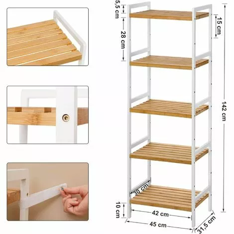 SONGMICS Bamboo Shelf, Kitchen Shelf, Bathroom Shelf, Bookshelf, Stand Shelf With 5 Shelves 45 X 31.5 X 142 Cm, Ideal For Bathroom, Kitchen, Living Room, Bedroom, Balcony, Natural White BCB75WN - Image 5
