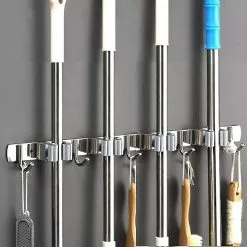 Unbranded Piao Wall Broom - Stainless Steel Broom Holder, Storage Hanger Holder For Kitchen, Garage, Laundry Room (4 Locations And 5 Hooks)