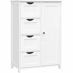 VASAGLE Bathroom Floor Storage Cabinet, Wooden Storage Unit With 4 Drawers, Single Door, Adjustable Shelf, For Living Room, Kitchen, Entryway, White By SONGMICS LHC41W