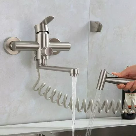 Way Wall-mounted Faucet With Hand Shower, With Spray Gun, Kitchen Sink, Stainless Steel Faucet, Hot/cold Water, Laundry Tub, Rotary - Image 2