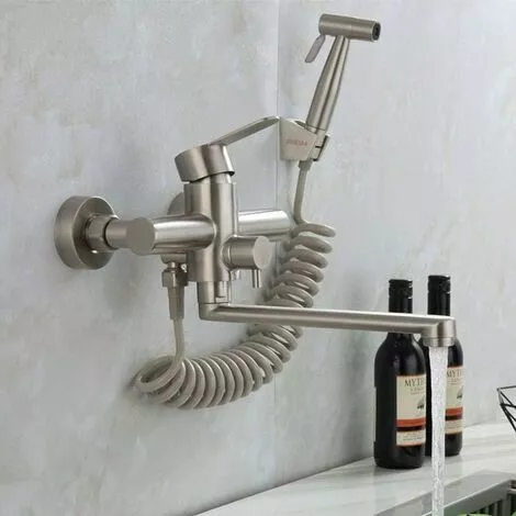 Way Wall-mounted Faucet With Hand Shower, With Spray Gun, Kitchen Sink, Stainless Steel Faucet, Hot/cold Water, Laundry Tub, Rotary - Image 3