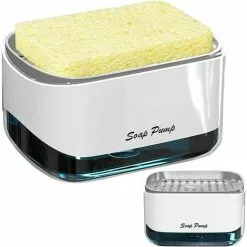 TUMALAGIA Updated Kitchen Soap Dispenser Manual Pressure Pump Refillable Detergent Storage Container + Sponge Sponge Holder 2-in-1 Kitchen Bathroom Detergent Soap Dispenser